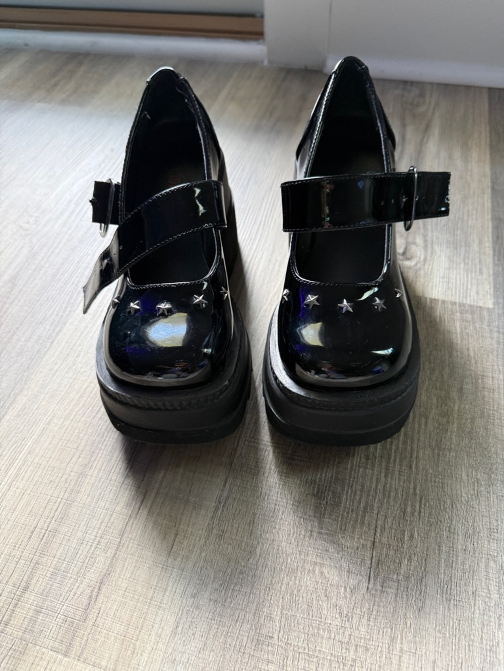 Demonia Shaker Black Patent Platform Mary Janes with Star Studs